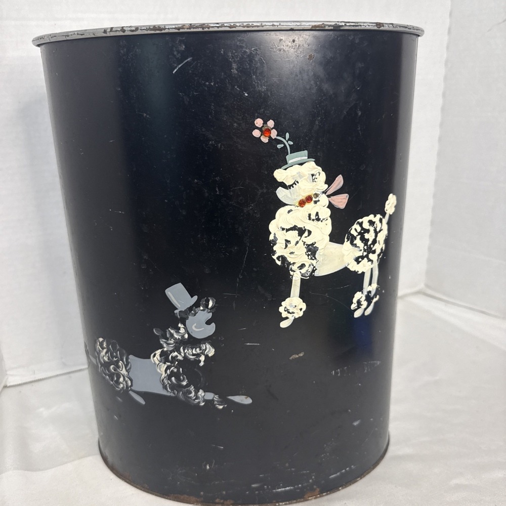 Vintage RARE 1950's Ransburg French Poodle Metal Trash Can Hand Painted USA